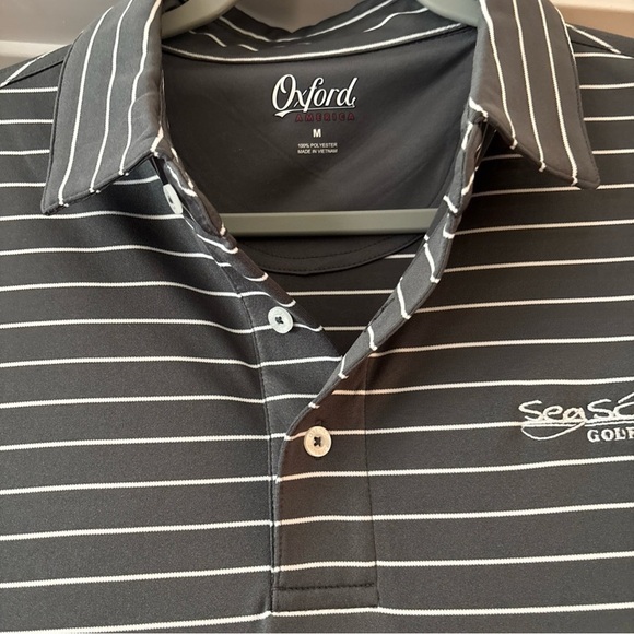 OXFORD AMERICA SEA SCAPE GOLF LINKS MENS MEDIUM POLO GREY WHITE STRIPES - Picture 5 of 14